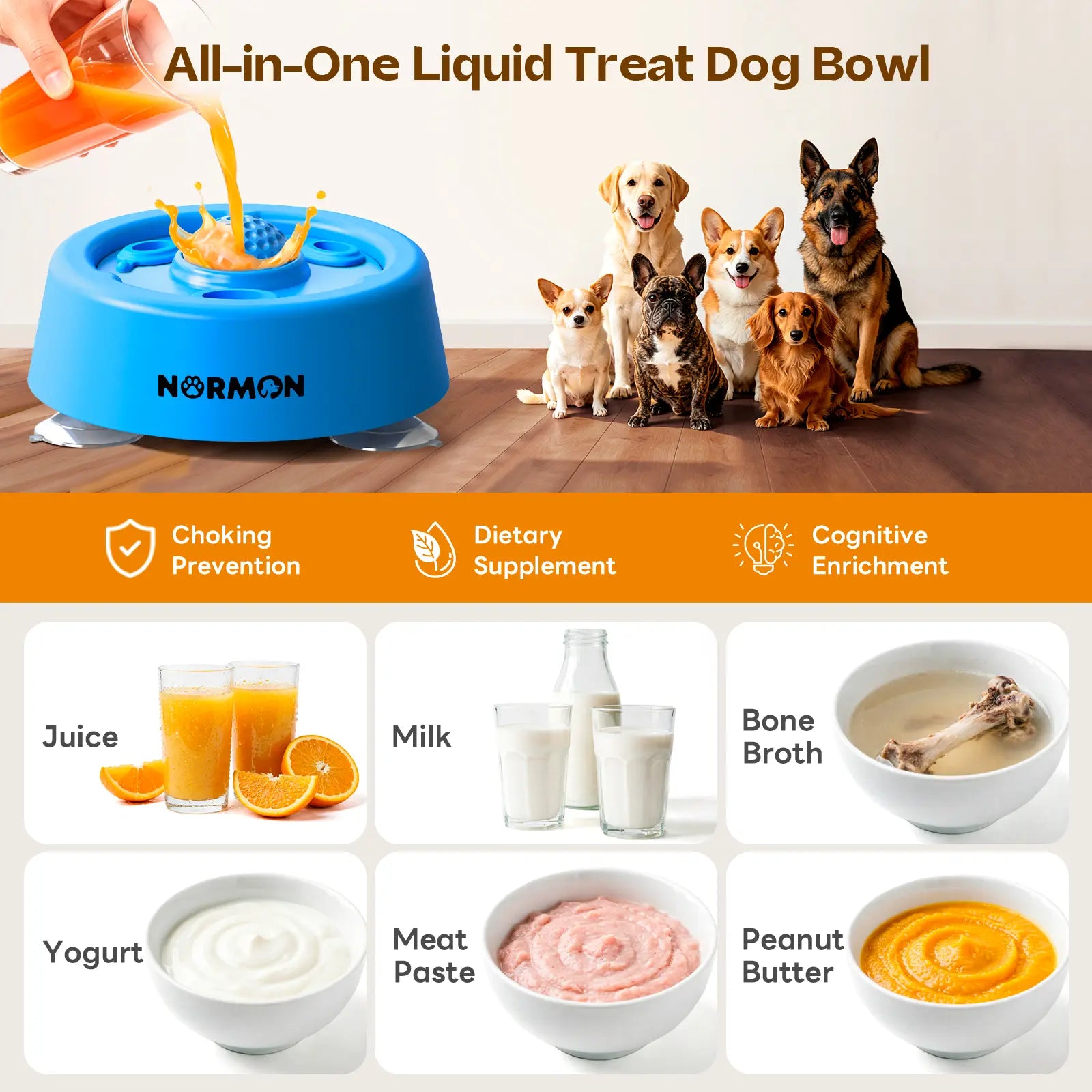 Slow Feeder Dog Bowl with Suction Base, No-Spill Dog Lick Bowl for Bone Broth, Yogurt & Liquid Treats, Rolling Ball Pet Feeding Bowl for Puppies, Small, Medium or Large Dogs