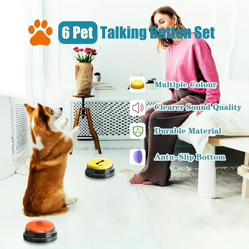 6-Pack Recordable Pet Communication Buttons – Voice Recording Training Buttons for Dogs & Cats, Interactive Talking & Behavior Training Buzzer Set (No Batteries Required)