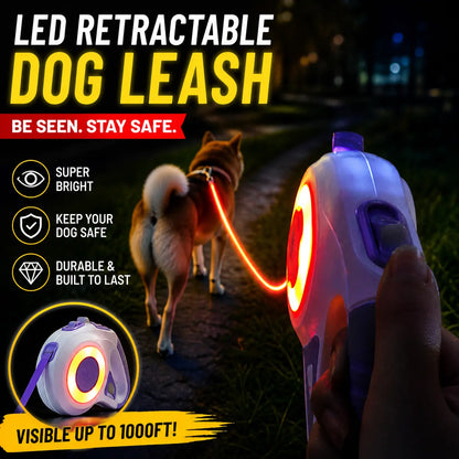 Pawzseek LED Retractable Dog Leash – Rechargeable Light-Up Dog Leash for Safe Night Walks, Reflective & Extendable Pet Lead with Built-In LED Illumination