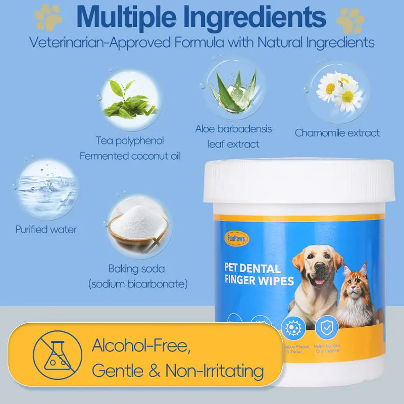 Pet Dental Cleaning Wipes for Dogs & Cats – No-Rinse Plaque & Tartar Remover (50 Count)