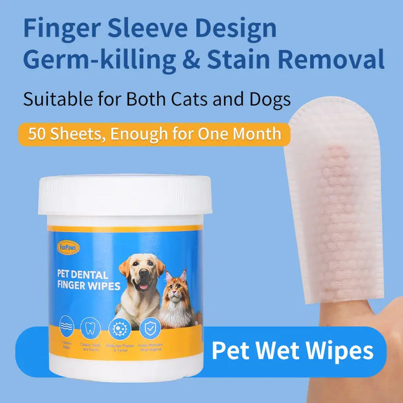 Pet Dental Cleaning Wipes for Dogs & Cats – No-Rinse Plaque & Tartar Remover (50 Count)