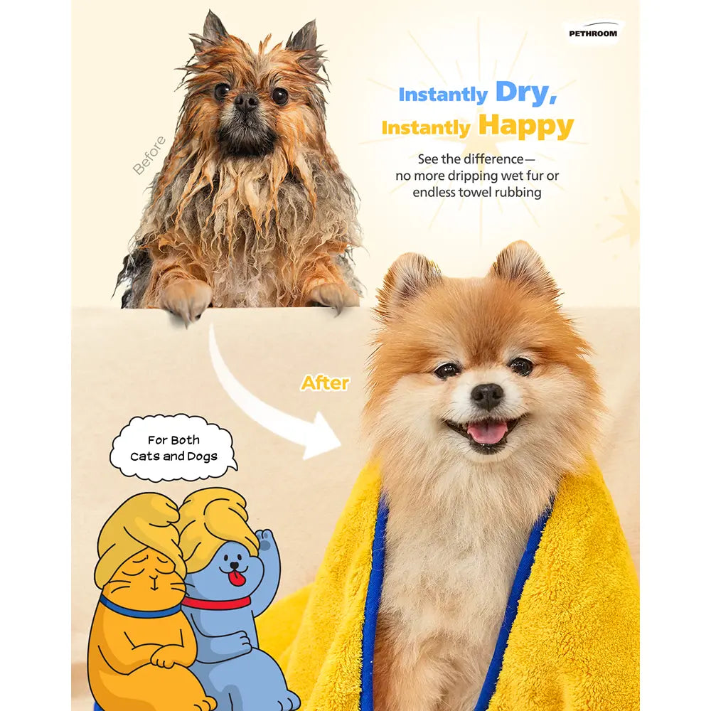 PETHROOM Ultra Absorbent Pet Drying Towel – Large Microfiber Sponge Towel for Dogs & Cats (23.6" x 47.2"), Quick Dry, Super Soft & Highly Absorbent Bath Towel