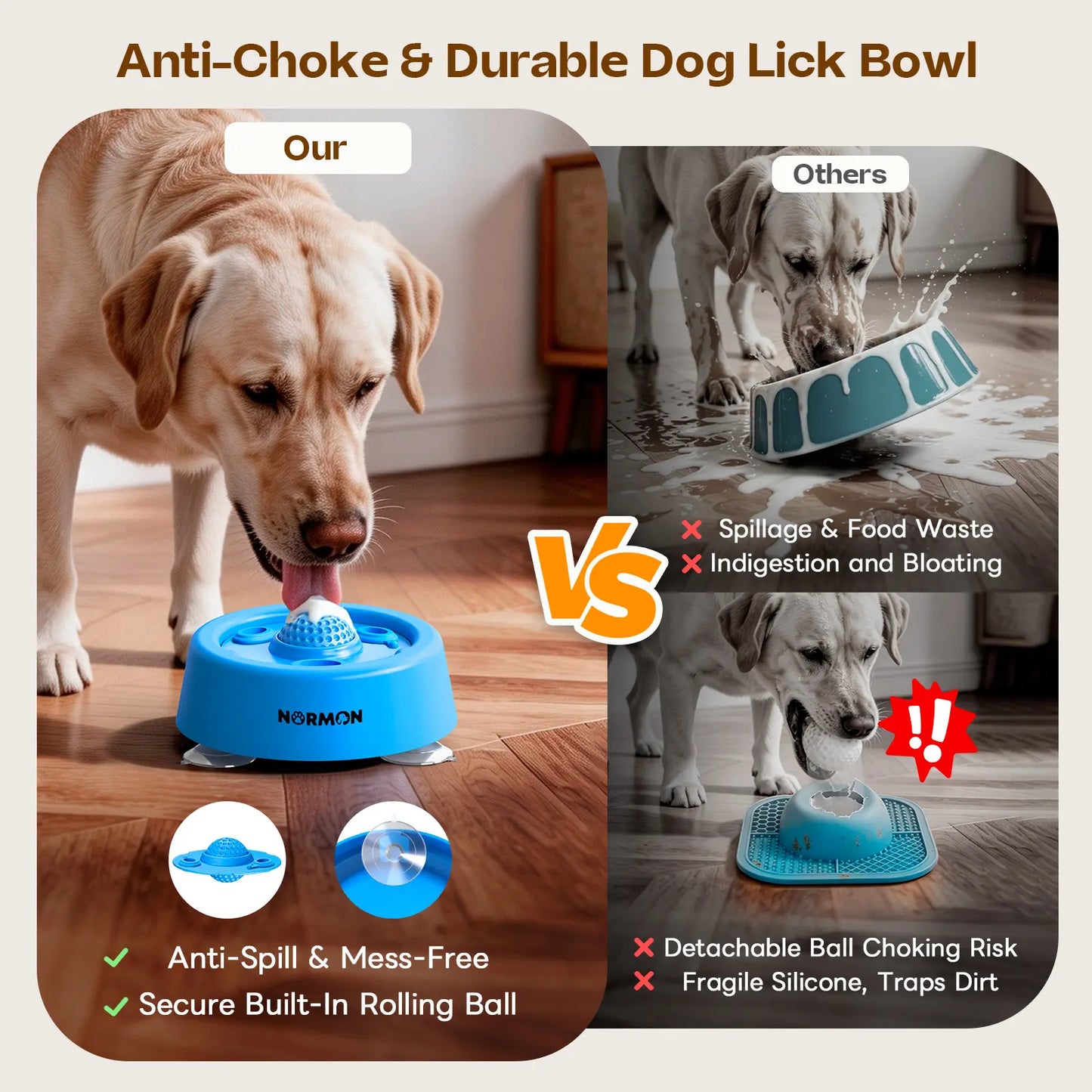 Slow Feeder Dog Bowl with Suction Base, No-Spill Dog Lick Bowl for Bone Broth, Yogurt & Liquid Treats, Rolling Ball Pet Feeding Bowl for Puppies, Small, Medium or Large Dogs