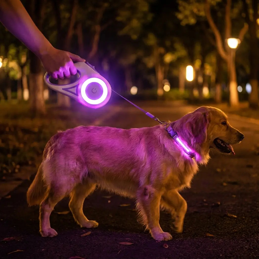 Pawzseek LED Retractable Dog Leash – Rechargeable Light-Up Dog Leash for Safe Night Walks, Reflective & Extendable Pet Lead with Built-In LED Illumination