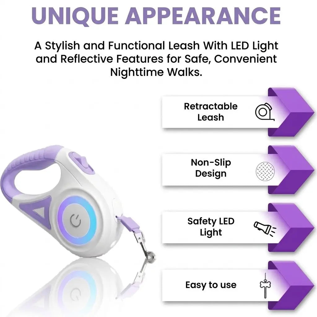 Pawzseek LED Retractable Dog Leash – Rechargeable Light-Up Dog Leash for Safe Night Walks, Reflective & Extendable Pet Lead with Built-In LED Illumination