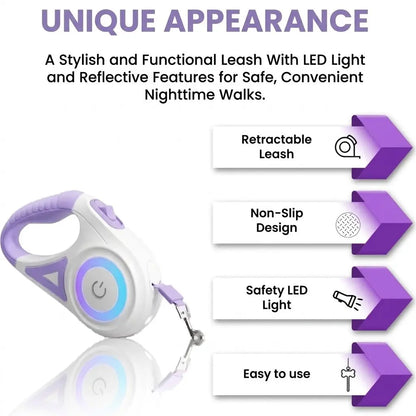 Pawzseek LED Retractable Dog Leash – Rechargeable Light-Up Dog Leash for Safe Night Walks, Reflective & Extendable Pet Lead with Built-In LED Illumination
