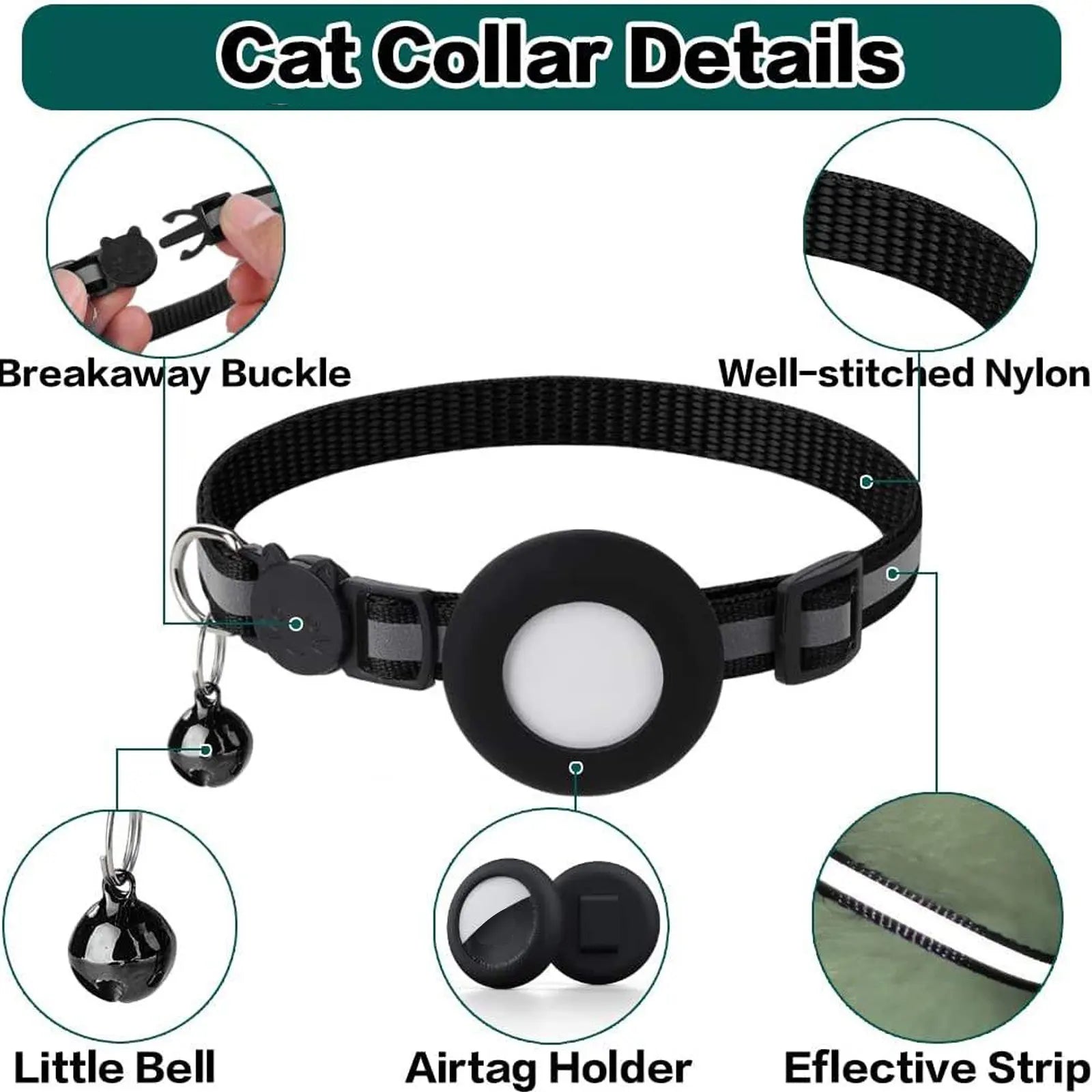 EVERBETTERUS Reflective Breakaway Cat Collar with Bell – Adjustable Safety Kitten Collar Compatible with AirTag GPS Tracker, Lightweight Nylon Pet Collar for Cats & Kittens
