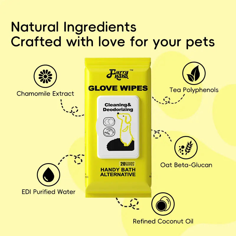 Natural Ingredients PRO Pet Glove Wipes Bathing & Deodorizing No-Rinse Grooming for Dogs & Cats | Extra Thick & Glove-Fit Design Daily Care Traveling | Eco-Friendly 20Pcs Pack Alcohol-Free Hypoallergenic Furry Haha Cleaner Cleaning