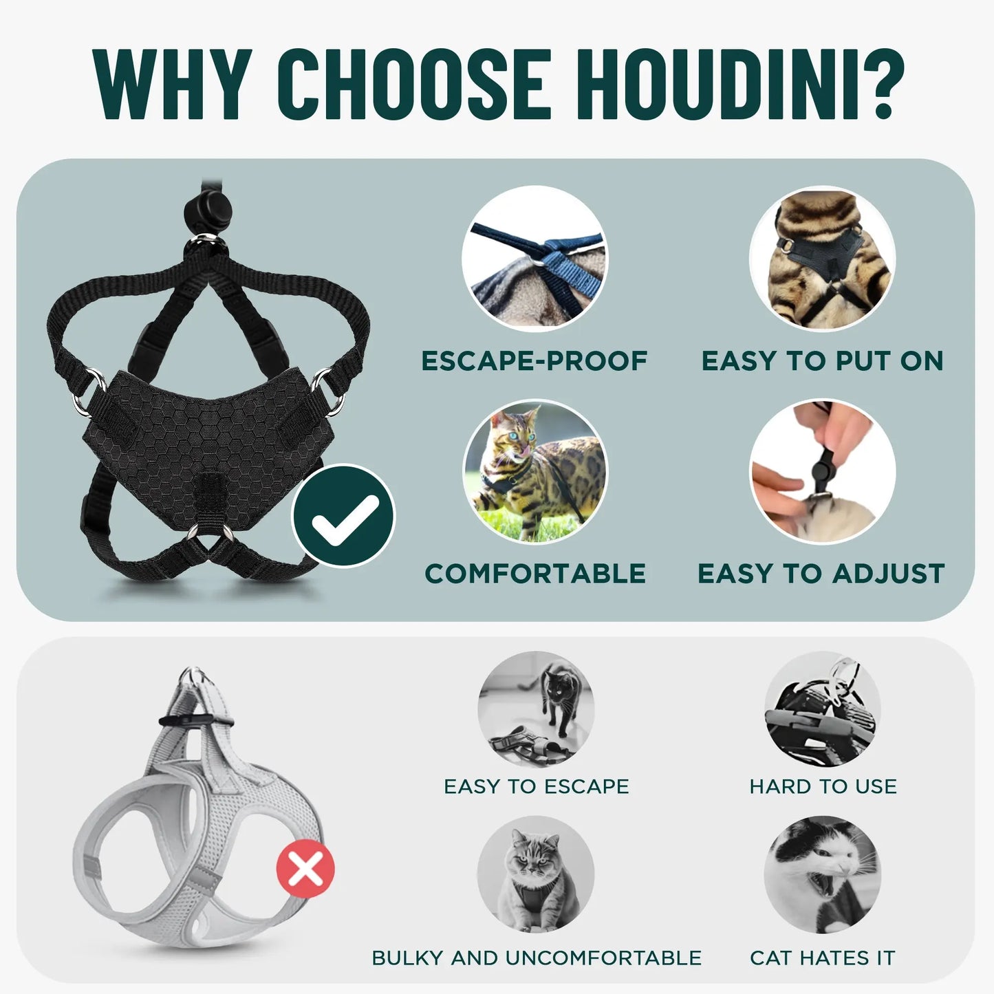 Houdini™ Escape-Proof Cat Harness & Leash Set – Adjustable Anti-Escape Vest Harness for Walking, Training & Outdoor Adventures (Comfort Fit, Secure Buckle Design)